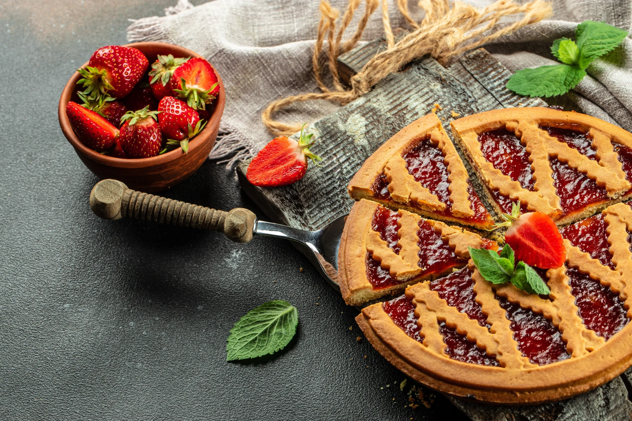 Crostata di fragole con fette servita accanto a un cestino di fragole fresche e foglie di menta.